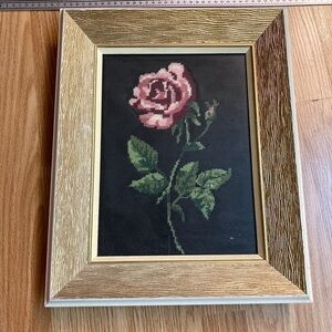 Set of 3 Needlepoint Framed Vintage Roses Black Background